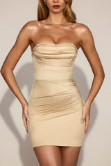 Satin Scalloped-Bandeau Ruched Mini Dress in Champagne