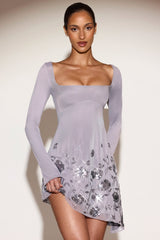 Embellished Appliqué Asymmetric Mini Dress in Lilac