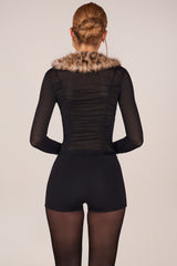 Faux Fur-Trim Playsuit in Black