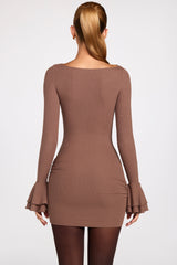 Ribbed Modal Long-Sleeve Draped Mini Dress in Mocha