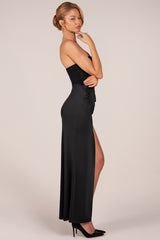 Bandeau Draped Thigh-High Maxi Dress in Black