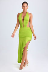 Asymmetric Cut-Out Halterneck Midaxi Dress in Lime Green