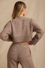 Ribbed Knit Cropped Jumper in Brown Marl