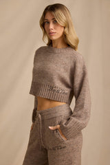 Ribbed Knit Cropped Jumper in Brown Marl