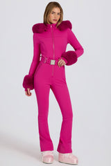Waterproof Faux-Fur Hood Fitted Ski Suit in Magenta Pink