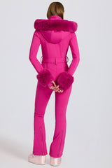 Waterproof Faux-Fur Hood Fitted Ski Suit in Magenta Pink