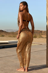 Embellished Hardware-Detail Strappy Maxi Skirt in Gold