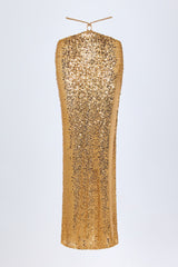 Embellished Hardware-Detail Strappy Maxi Skirt in Gold