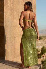 Embellished Hardware-Detail Strappy Maxi Skirt in Olive Green