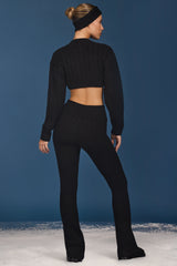 Cable Knit Foldover Flared Trousers in Black