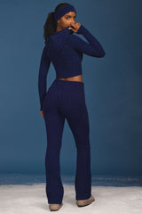 Cable Knit Foldover Flared Trousers in Navy