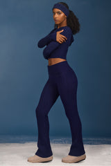 Cable Knit Foldover Flared Trousers in Navy
