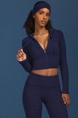 Cable Knit Zip-Up Hoodie in Navy