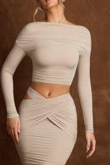 Open-Back Draped Crop Top in Taupe