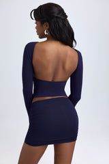 Modal High Neck Long Sleeve Open Back Top in True Navy