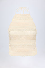 Ruffled High-Neck Backless Top in Ivory