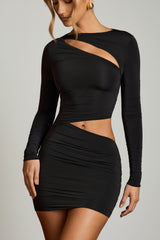Asymmetric Cut-Out Draped Mini Dress in Black