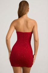 Embellished Strapless Cowl-Neck Mini Dress in True Red