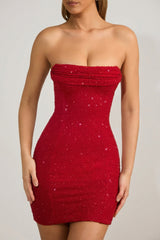 Embellished Strapless Cowl-Neck Mini Dress in True Red