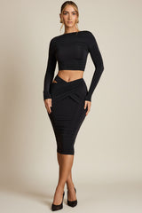 Cut-Out Draped High-Rise Midi Skirt in Black