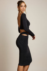Cut-Out Draped High-Rise Midi Skirt in Black