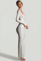 Embellished Long-Sleeve Fishtail Maxi Dress in White