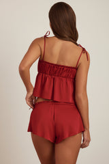 Mid-Rise Flared Shorts in Ruby Red