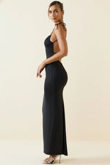 Ruched Backless Maxi Dress in Black