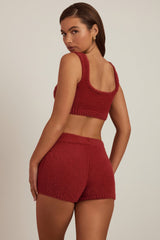 Fluffy Knit Mid-Rise Mini Shorts in Ruby Red