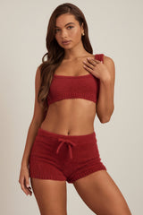 Fluffy Knit Mid-Rise Mini Shorts in Ruby Red