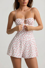 Ruched Backless Playsuit in Cherry Print