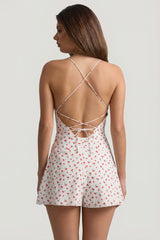 Ruched Backless Playsuit in Cherry Print