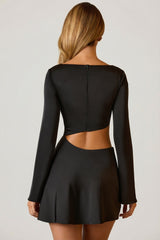 Asymmetric Cut-Out A-Line Mini Dress in Black