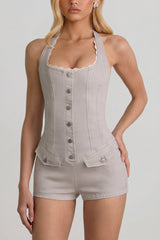 Button-Down Halterneck Playsuit in Ecru