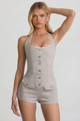 Button-Down Halterneck Playsuit in Ecru