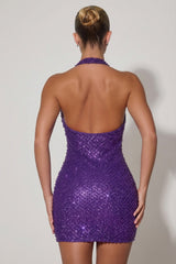 Embellished Heart-Detail Cowl-Neck Mini Dress in Purple