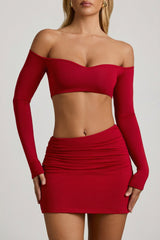 Modal Asymmetric-Waist Mini Skirt in Red