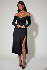 Off-Shoulder Lace-Up A-Line Midaxi Dress in Black