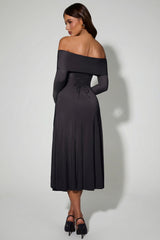 Off-Shoulder Lace-Up A-Line Midaxi Dress in Black