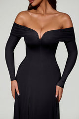 Off-Shoulder Lace-Up A-Line Midaxi Dress in Black