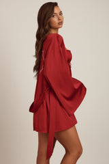Embellished Loose-Fit Wrap-Over Robe in Ruby Red