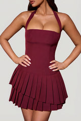 Asymmetric Layered Halterneck Mini Dress in Wine Red