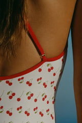 Charm-Detail Cross-Back Swimsuit in Cherry Print