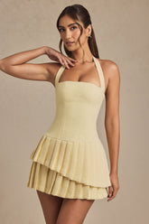 Asymmetric Layered Halterneck Mini Dress in Pastel Yellow
