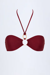 Hardware-Detail Ruched Halterneck Bikini Top in Dark Cherry