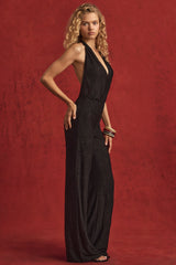 Devoré Halterneck Open-Back Jumpsuit in Black