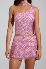 Embellished Low-Rise A-Line Micro Mini Skirt in Pink