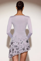 Embellished Appliqué Asymmetric Mini Dress in Lilac