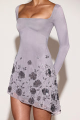 Embellished Appliqué Asymmetric Mini Dress in Lilac