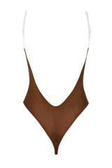 Soft Mesh Invisible Strap Thong Bodysuit in Chestnut